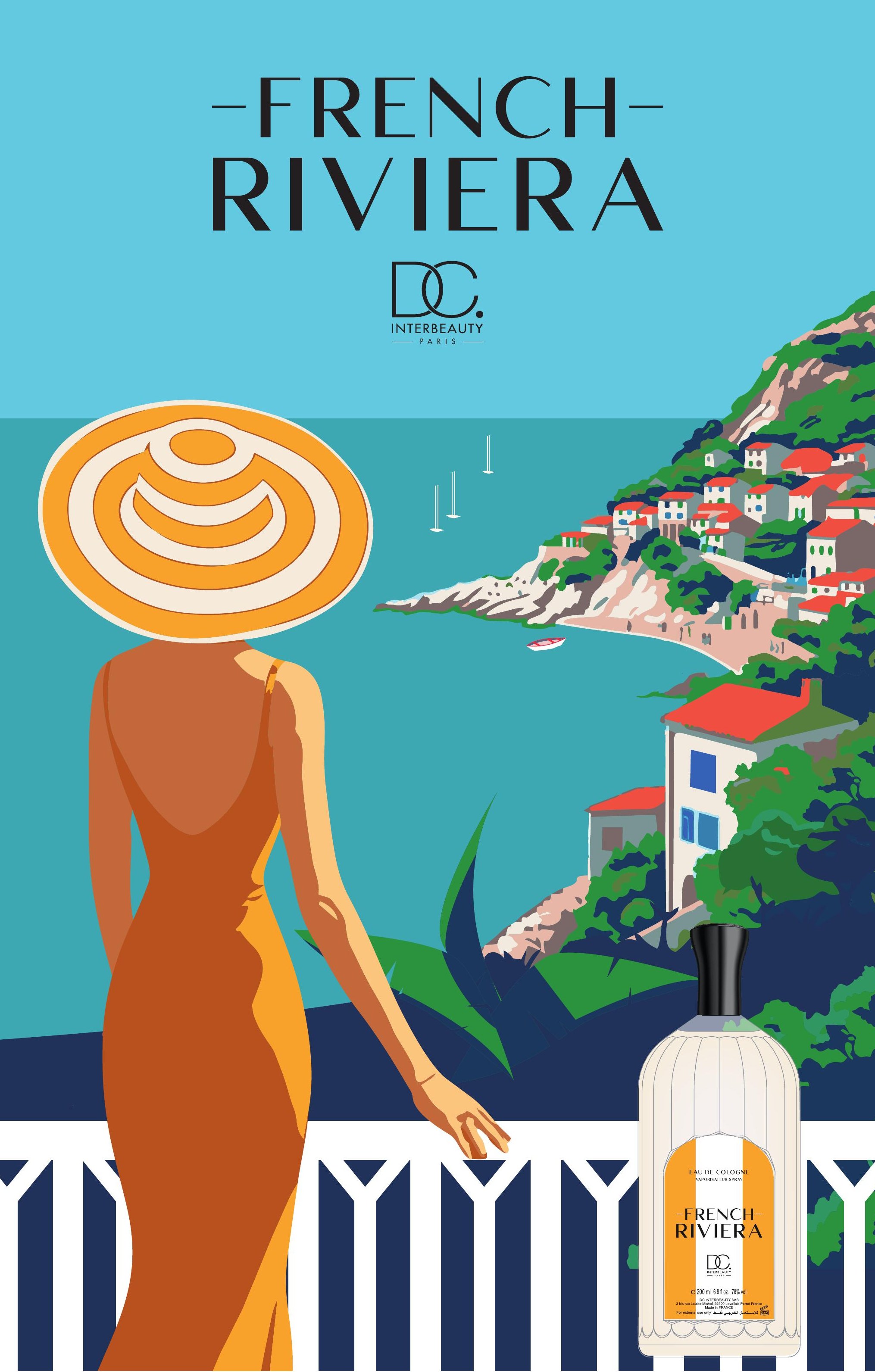 Affiche French Riviera : silhouette au chapeau solaire face à la Méditerranée avec le flacon
