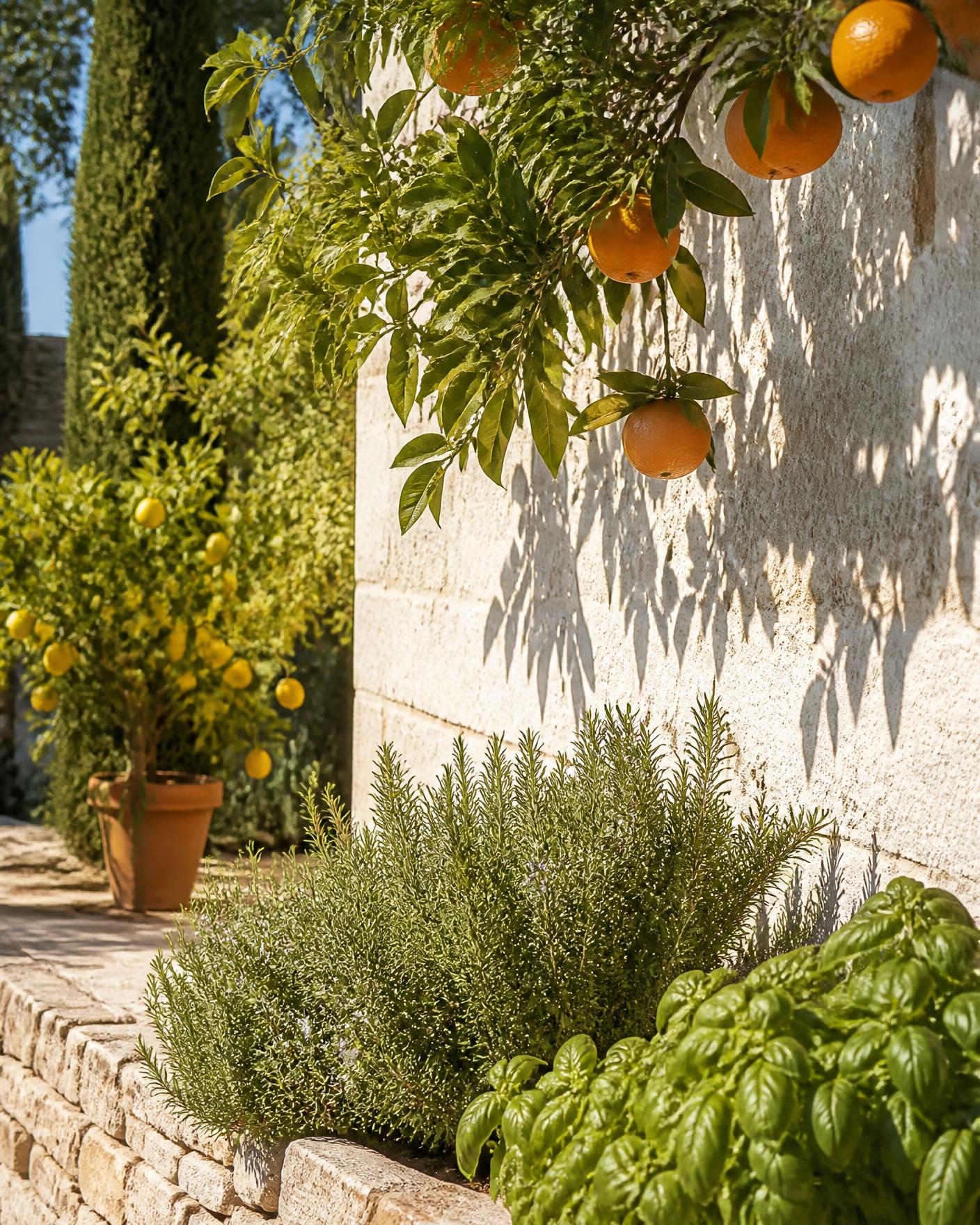 Jardin méditerranéen : orangers, citronniers, romarin et basilic au soleil