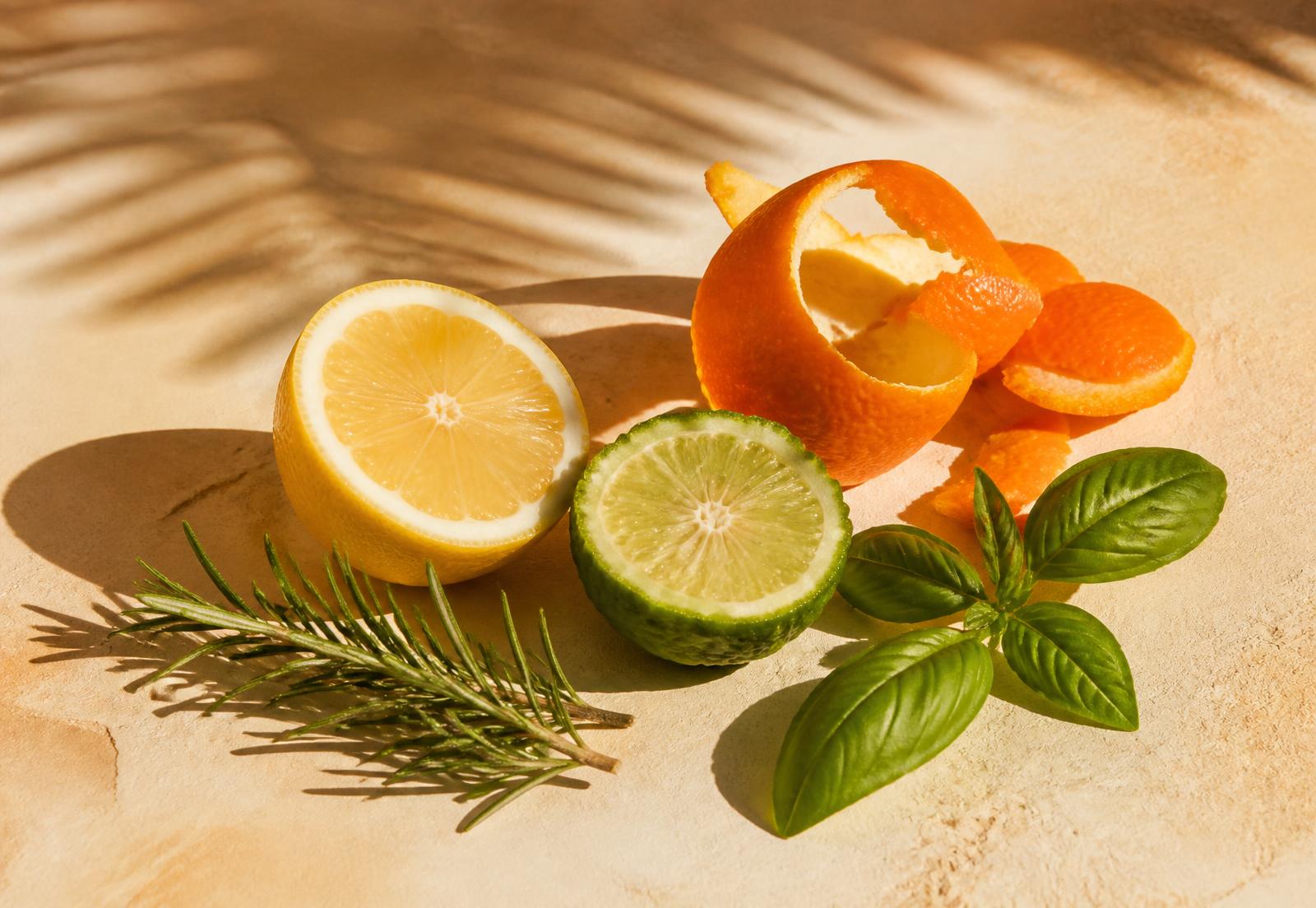 Citron, bergamote, écorces d'orange, romarin et basilic sous une lumière franche